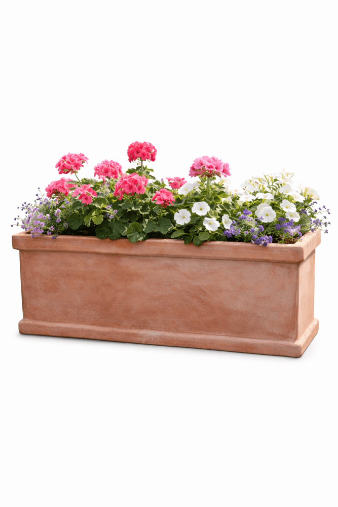 Bac à fleurs rectangulaire classique en terre cuite d’Impruneta – élégance intemporelle et qualité artisanale